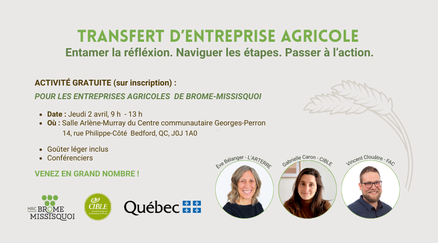 Matinée-conférence sur le transfert d'entreprise agricole - MRC de Brome-Missisquoi