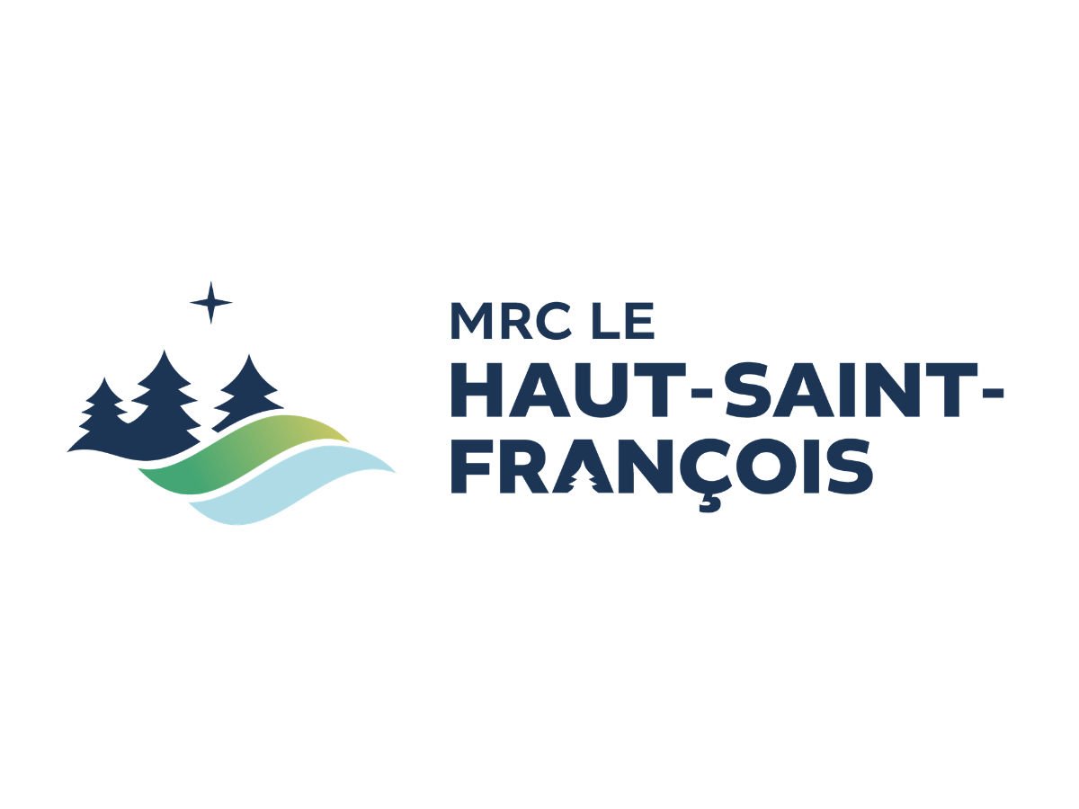 Logo de la MRC du Haut-Saint-Laurent avec un éclair vert, une vague bleue, et le nom de la région indiquée. Inclut le slogan "Une région proche de vous".