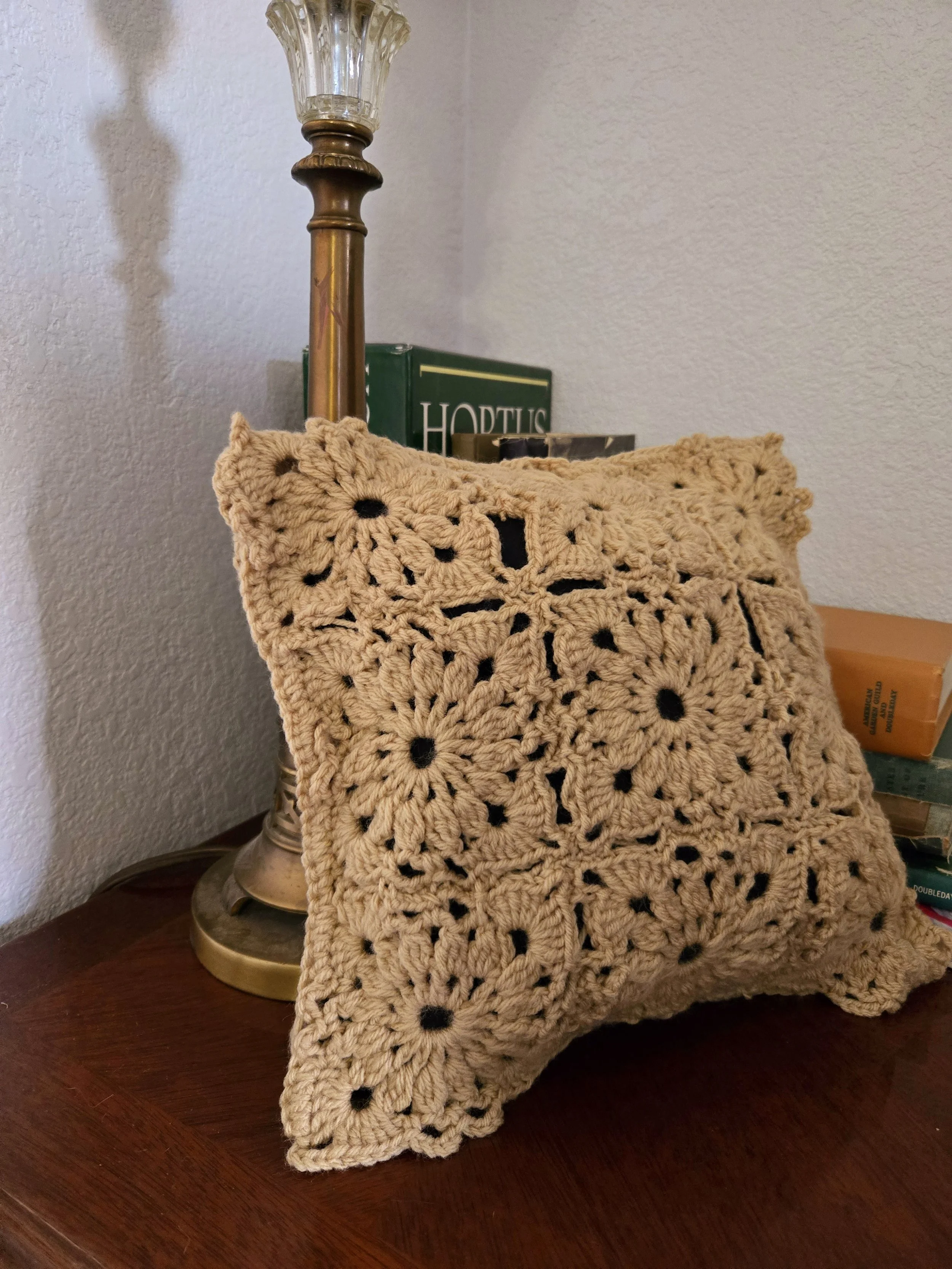 Linen Bloom Crochet Pillow 12"x12"