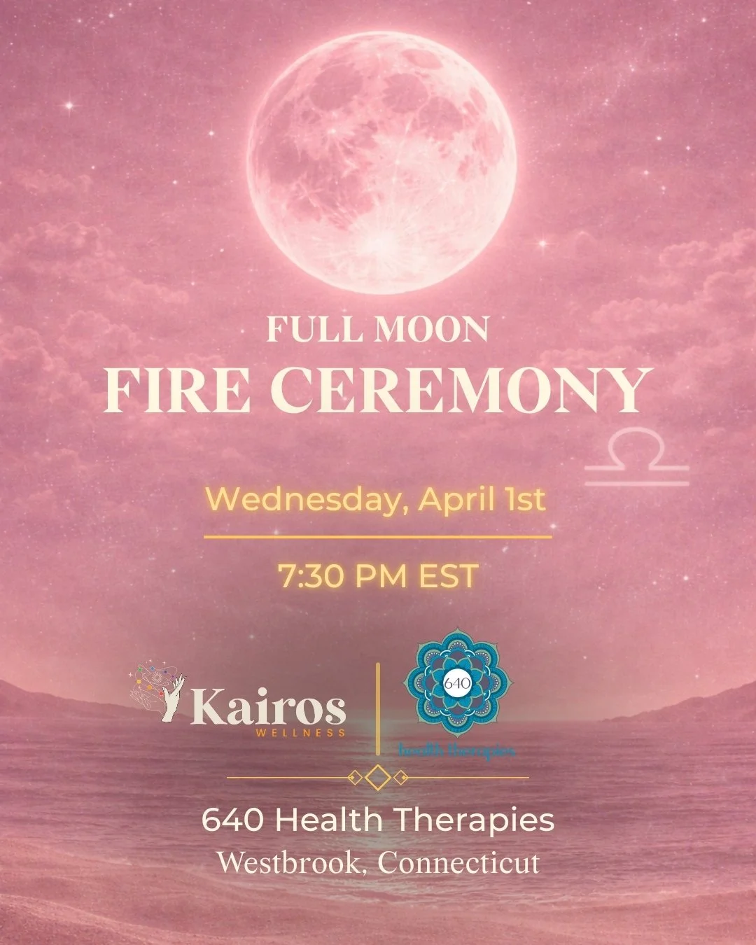 Flyer for a full moon fire ceremony event featuring a full moon in the night sky, a campfire on the ground, and text with event details and location.