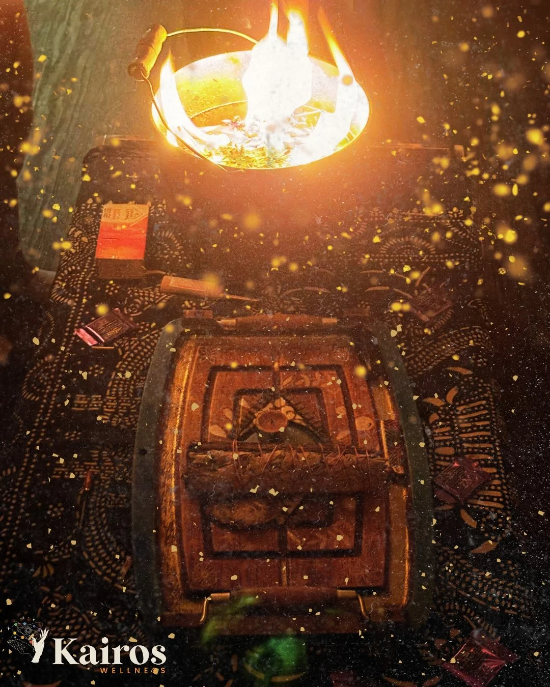 Flyer for a full moon fire ceremony event featuring a full moon in the night sky, a campfire on the ground, and text with event details and location.
