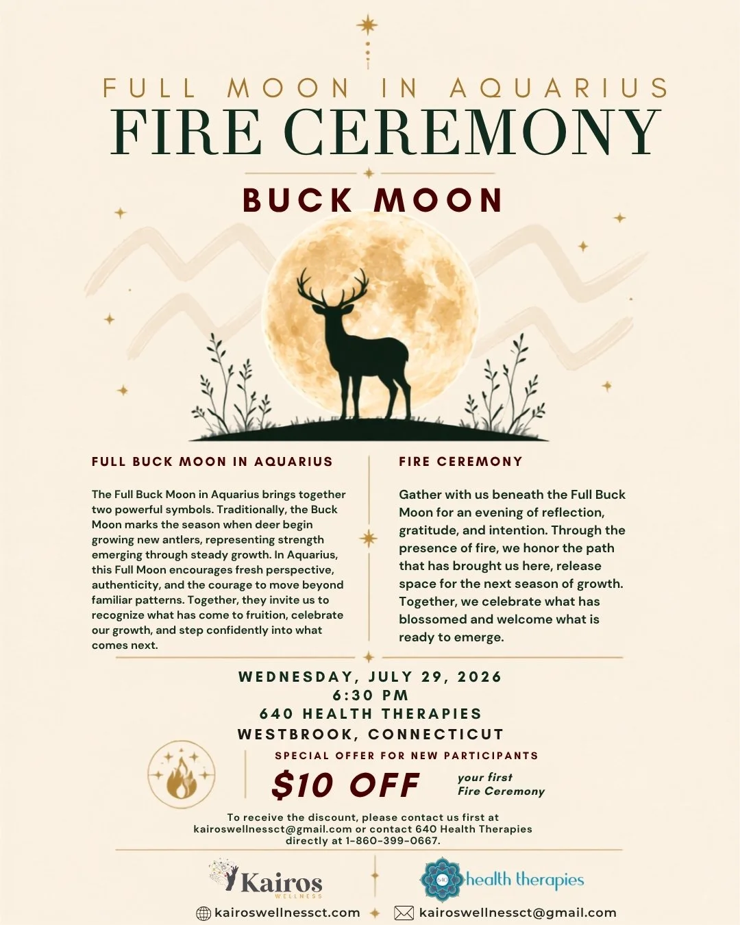 Flyer for a full moon fire ceremony event featuring a full moon in the night sky, a campfire on the ground, and text with event details and location.