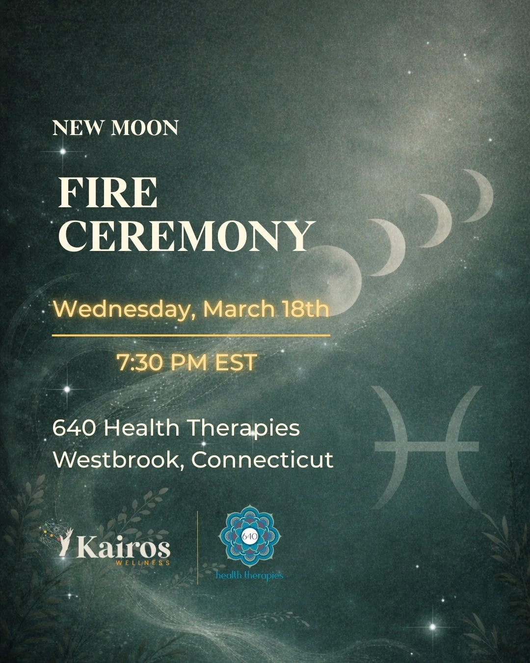 Flyer for a full moon fire ceremony event featuring a full moon in the night sky, a campfire on the ground, and text with event details and location.