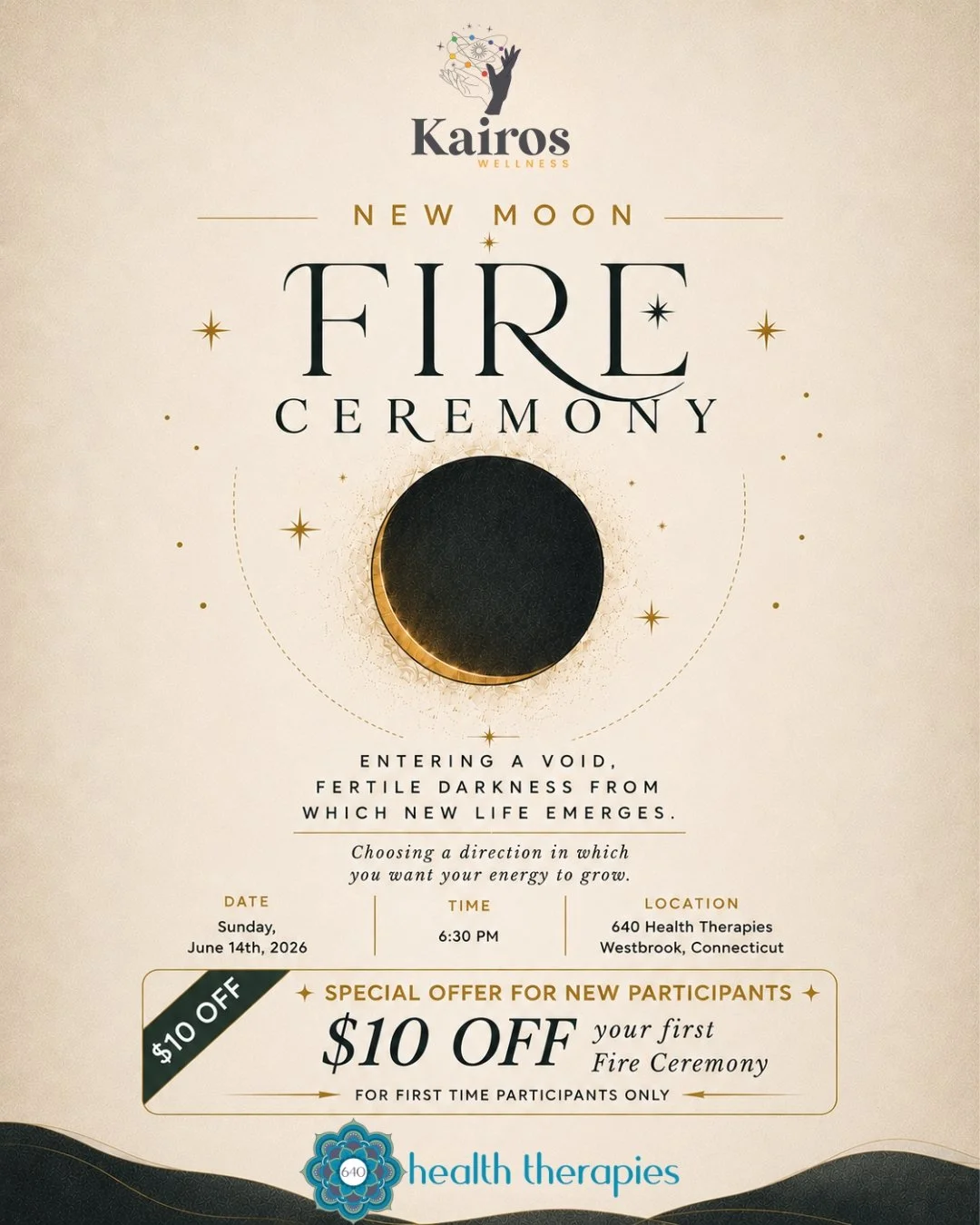 Flyer for a full moon fire ceremony event featuring a full moon in the night sky, a campfire on the ground, and text with event details and location.