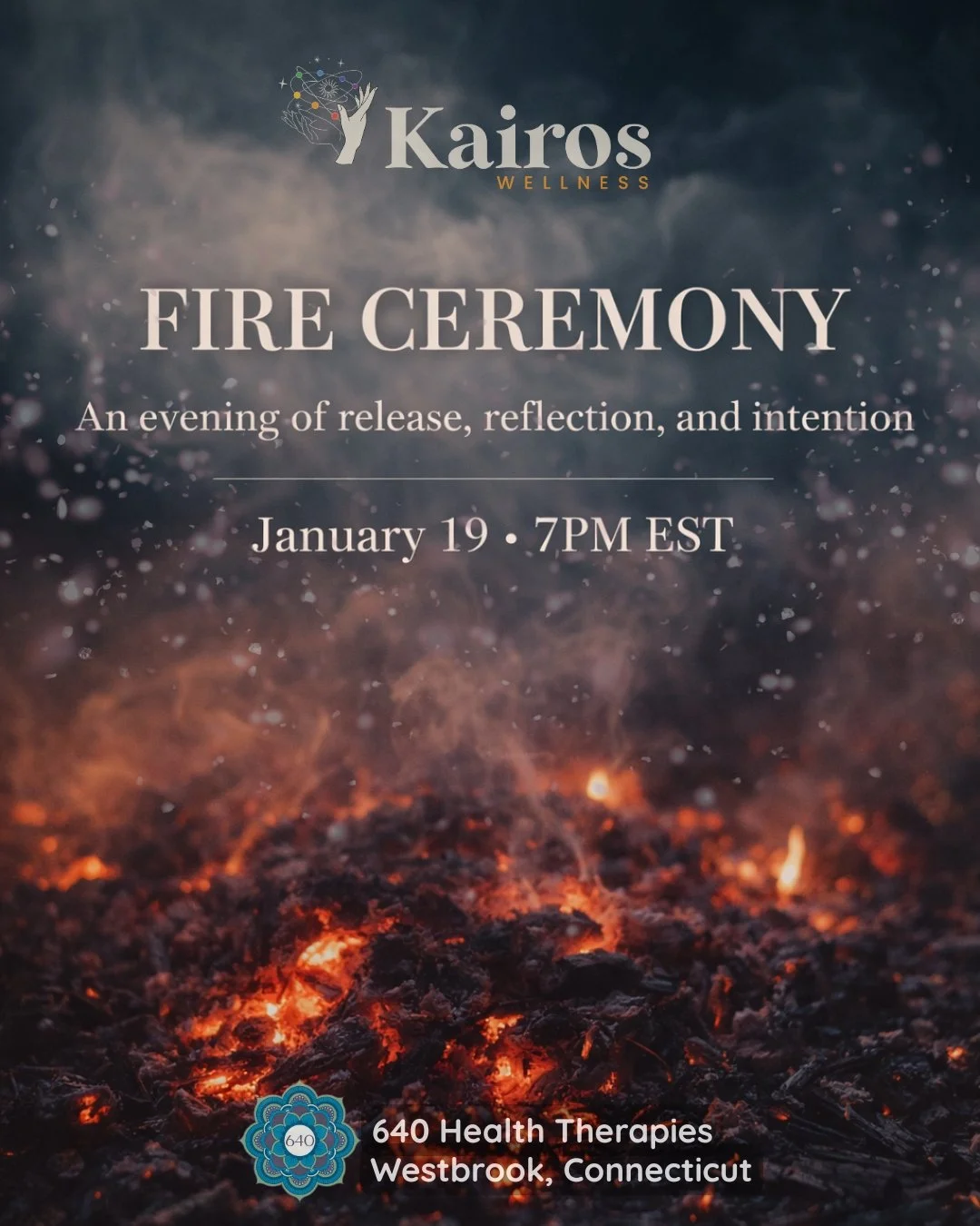 Flyer for a full moon fire ceremony event featuring a full moon in the night sky, a campfire on the ground, and text with event details and location.