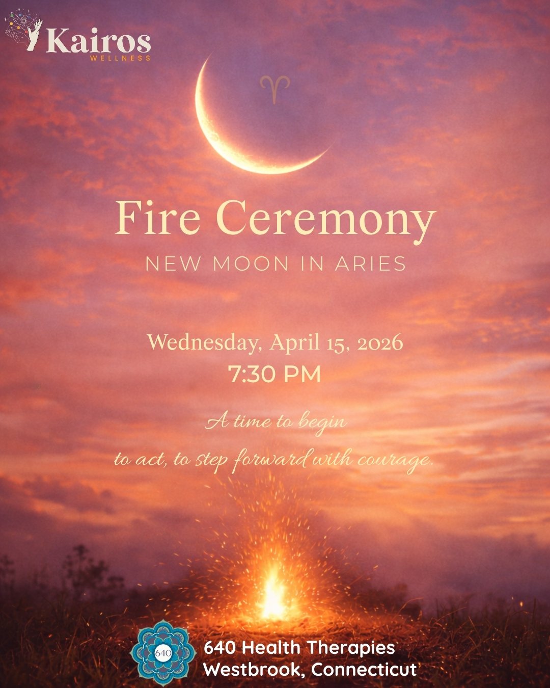 Flyer for a full moon fire ceremony event featuring a full moon in the night sky, a campfire on the ground, and text with event details and location.
