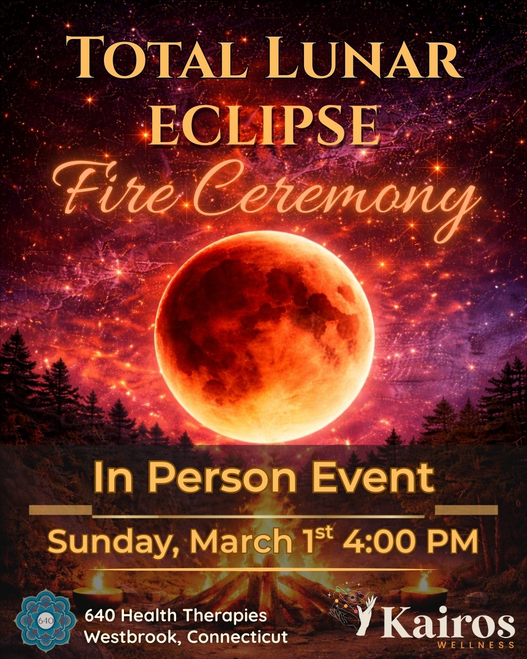 Flyer for a full moon fire ceremony event featuring a full moon in the night sky, a campfire on the ground, and text with event details and location.