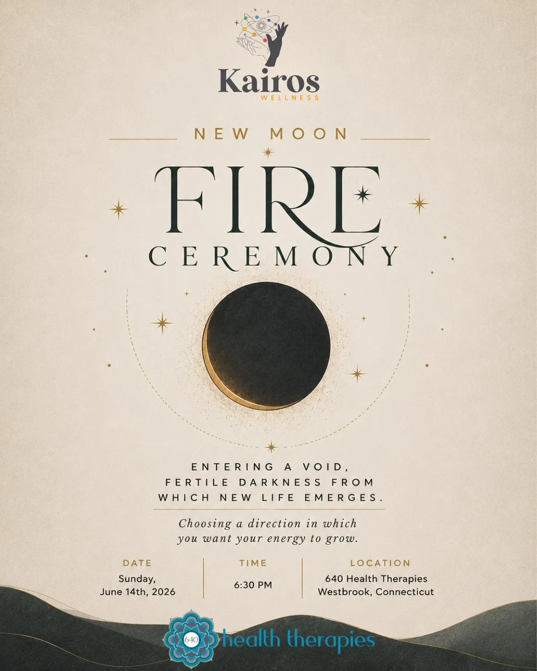 Flyer for a full moon fire ceremony event featuring a full moon in the night sky, a campfire on the ground, and text with event details and location.