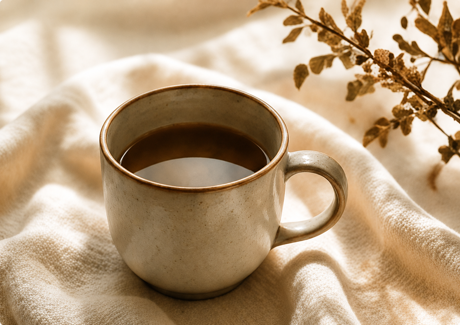 A beige ceramic mug filled with black coffee, placed on a cream-colored textured fabric with a dried plant in the background.