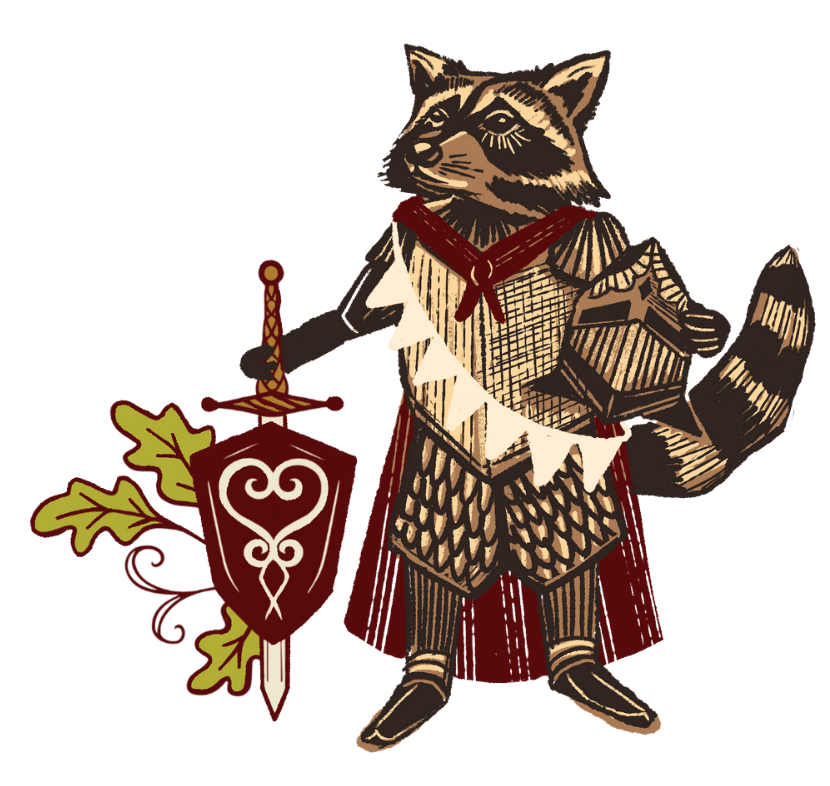 Cartoon raccoon dressed as a medieval knight, holding a sword with a heart-shaped design and a shield, wearing chainmail and a red cape.