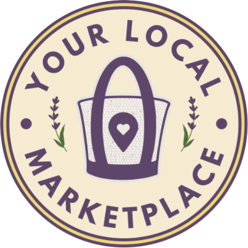 Logo for 'Your Local Marketplace' featuring a shopping bag with a heart in the center, surrounded by lavender sprigs.