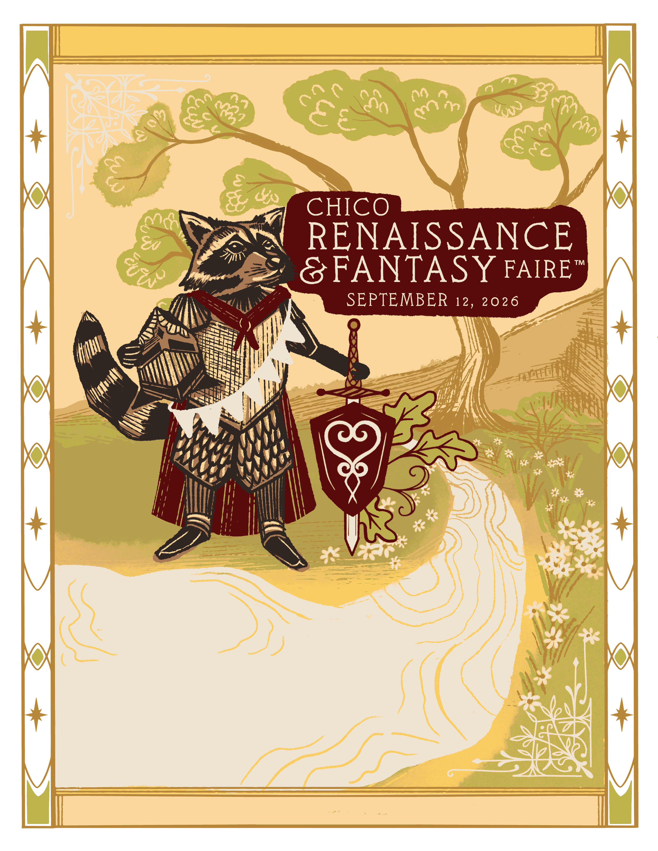 Event poster featuring a raccoon dressed in medieval renaissance attire, holding a shield, standing on a path with trees and greenery in the background. The event is called Chico Renaissance & Fantasy Faire, scheduled for September 12, 2026.