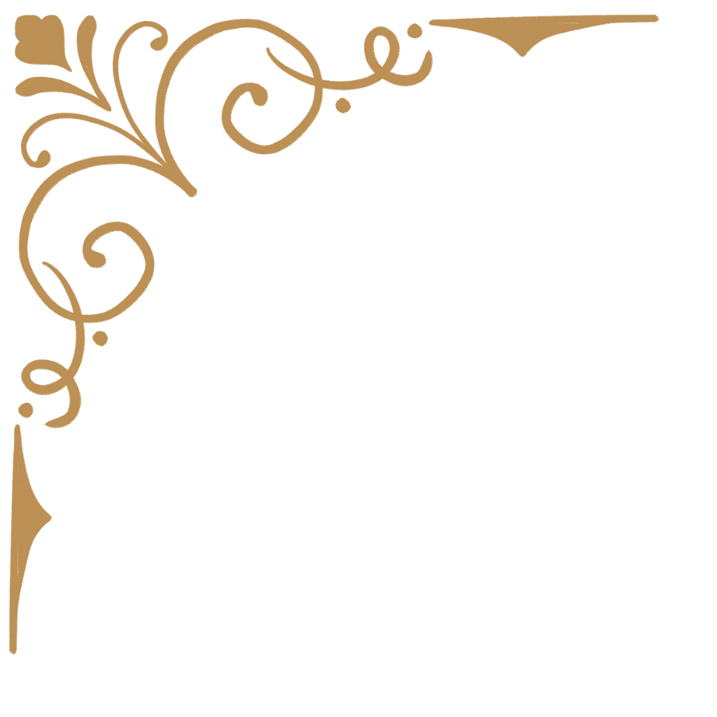 Decorative frame with gold floral swirls on the top left and bottom left corners.