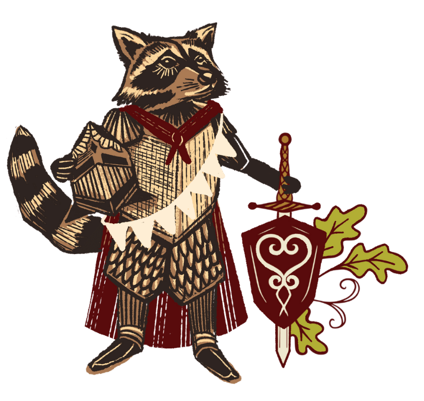 Illustration of a raccoon dressed as a medieval knight, holding a shield, with a dark background.