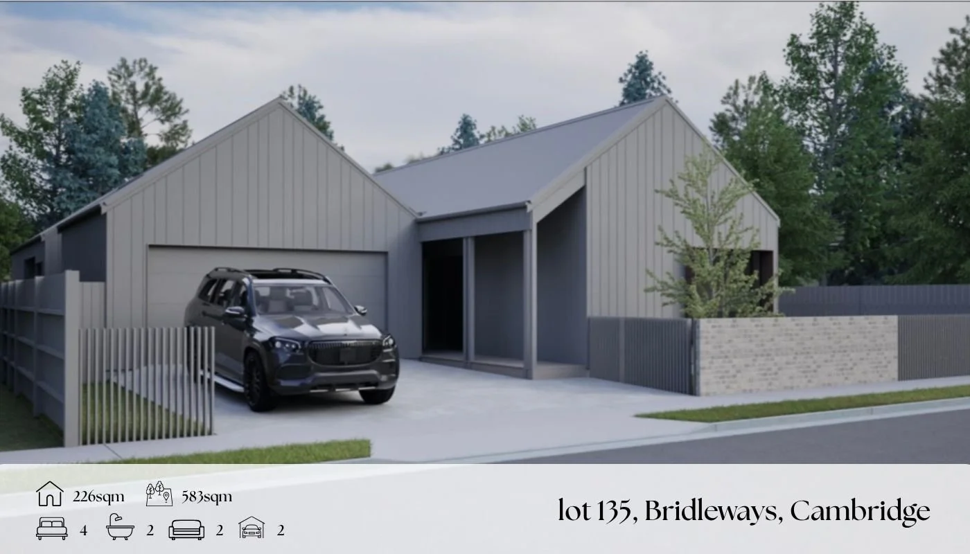 A modern gray house with a sloped roof, a driveway with a black SUV, and a yard surrounded by a gray fence, located in Cambridge's Bridleways neighborhood.