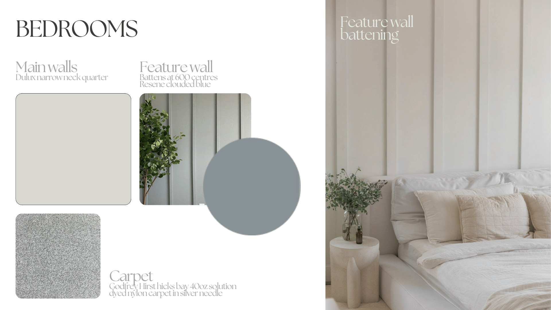 Interior bedroom with feature wall made of vertical wooden panels painted white, bed with white bedding, and a side table with small bottles and greenery.