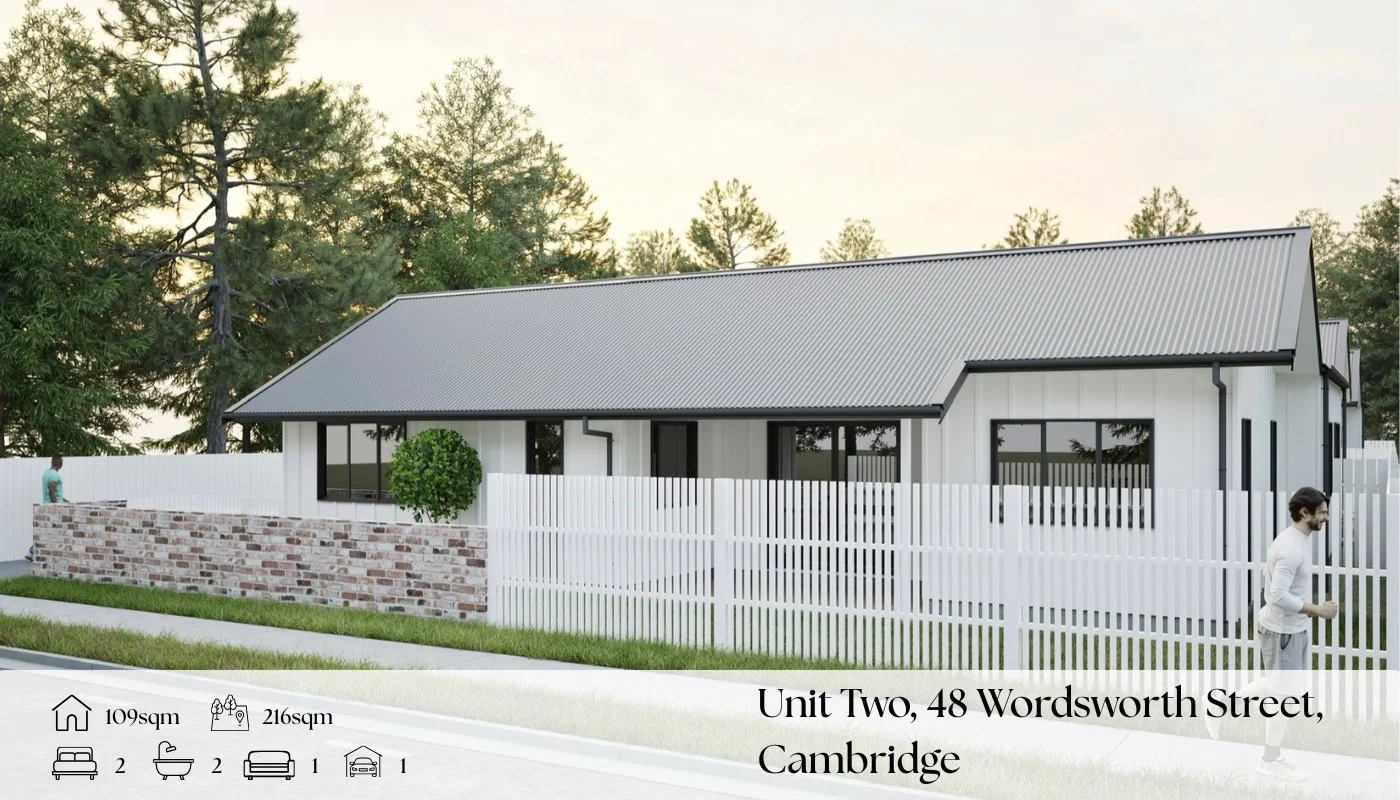 A modern residential house with a metal roof, white siding, and black window frames, surrounded by a white fence and some trees in the background, with two people walking outside.