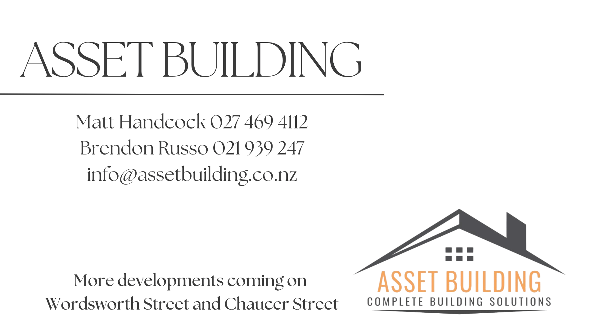 Business card for Asset Building, with contact information for Matt Handcock and Brendon Russo, and a logo featuring a house with a gray roof and orange text reading 'Asset Building: Complete Building Solutions', under the logo.