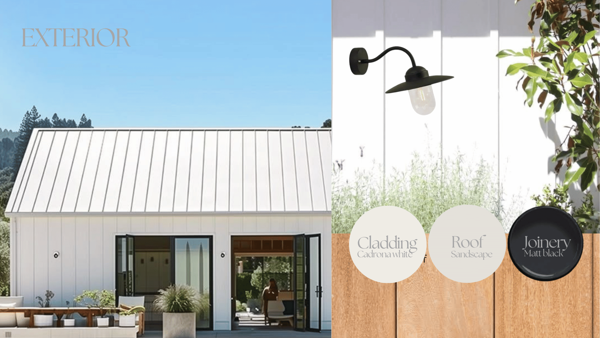 Split image showing exterior of a house with a white metal roof and a partly open sliding glass door, and an interior scene with a black wall-mounted light fixture, green plants, and color palette options for cladding, roof, and joinery.