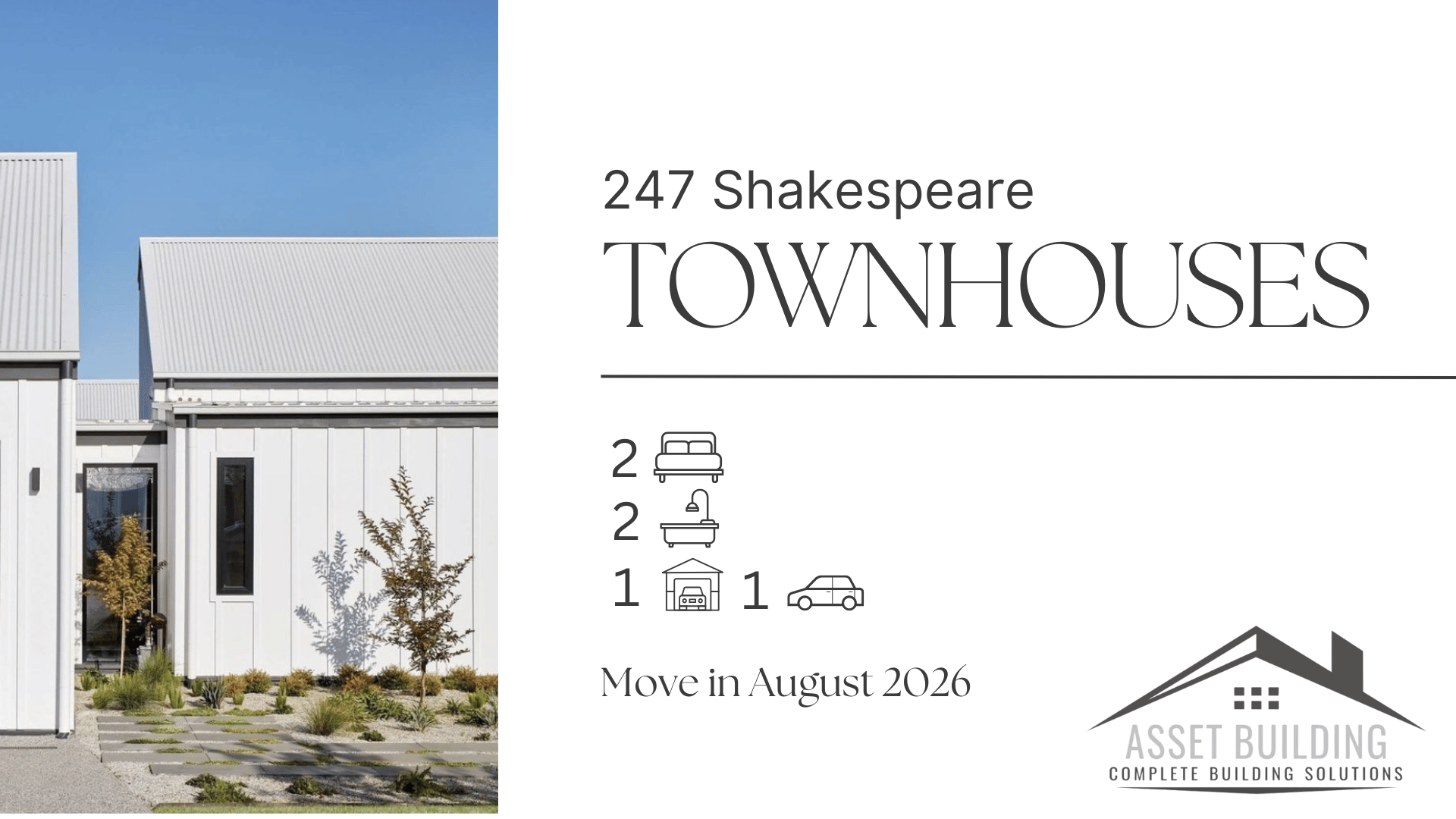 Real estate advertisement for 247 Shakespeare Townhomes showing a modern white house with a metal roof, with details about move-in date and features such as 2 bedrooms, 2 bathrooms, 1 garage, and 1 outdoor parking spot.