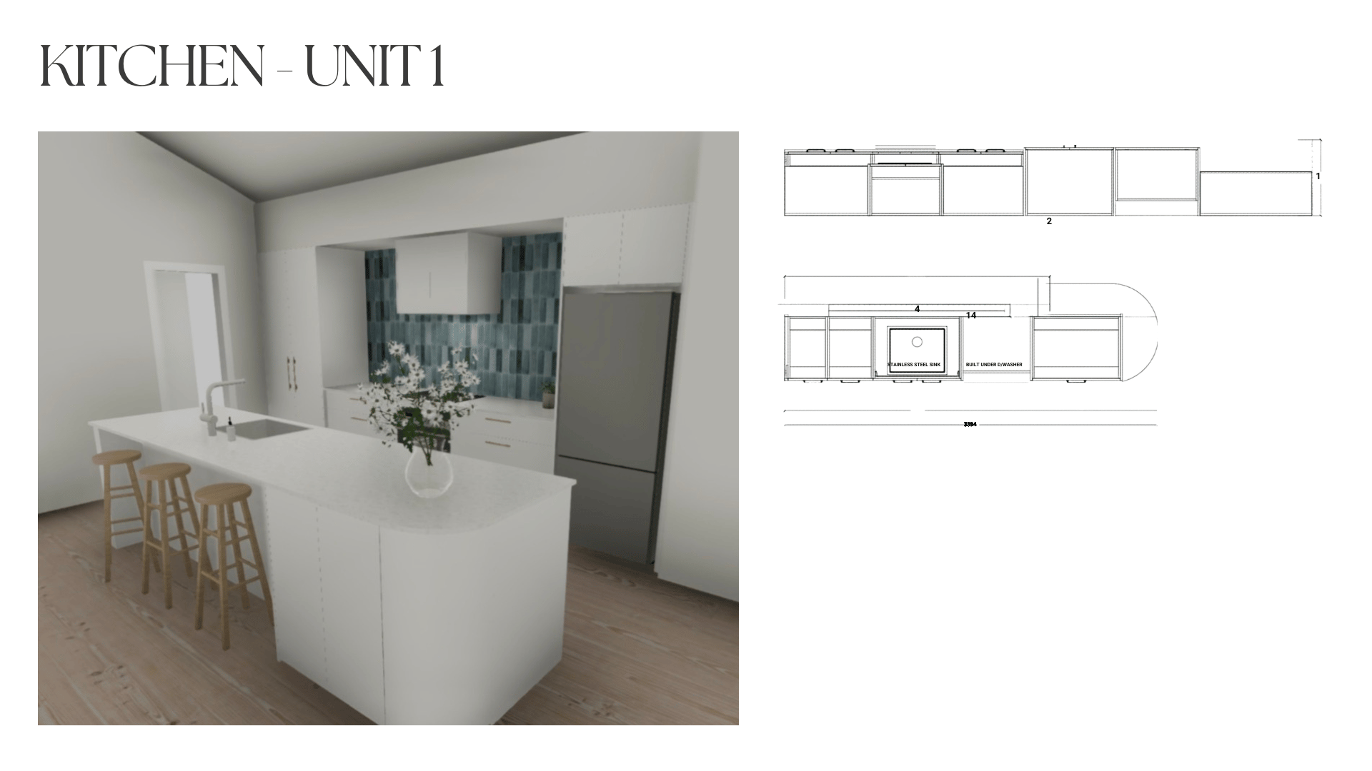 Design plan for a kitchen unit with an illustration of the kitchen layout, including a white kitchen island with a sink, a vase with flowers on the island, a blue tiled backsplash, and a stainless steel refrigerator.
