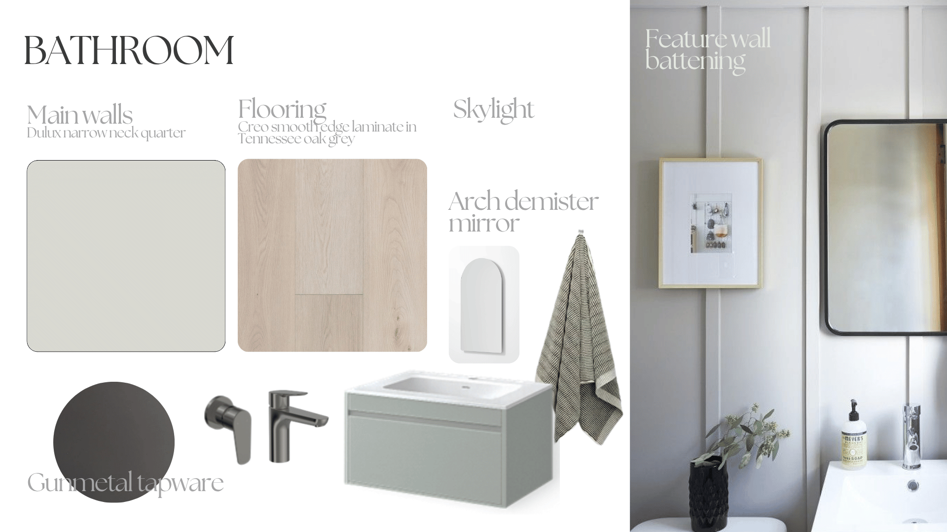 Design mood board for a modern bathroom with beige, gray, and black color schemes including wall and flooring materials, a mirror, towel, faucet, sink, and decorative elements.