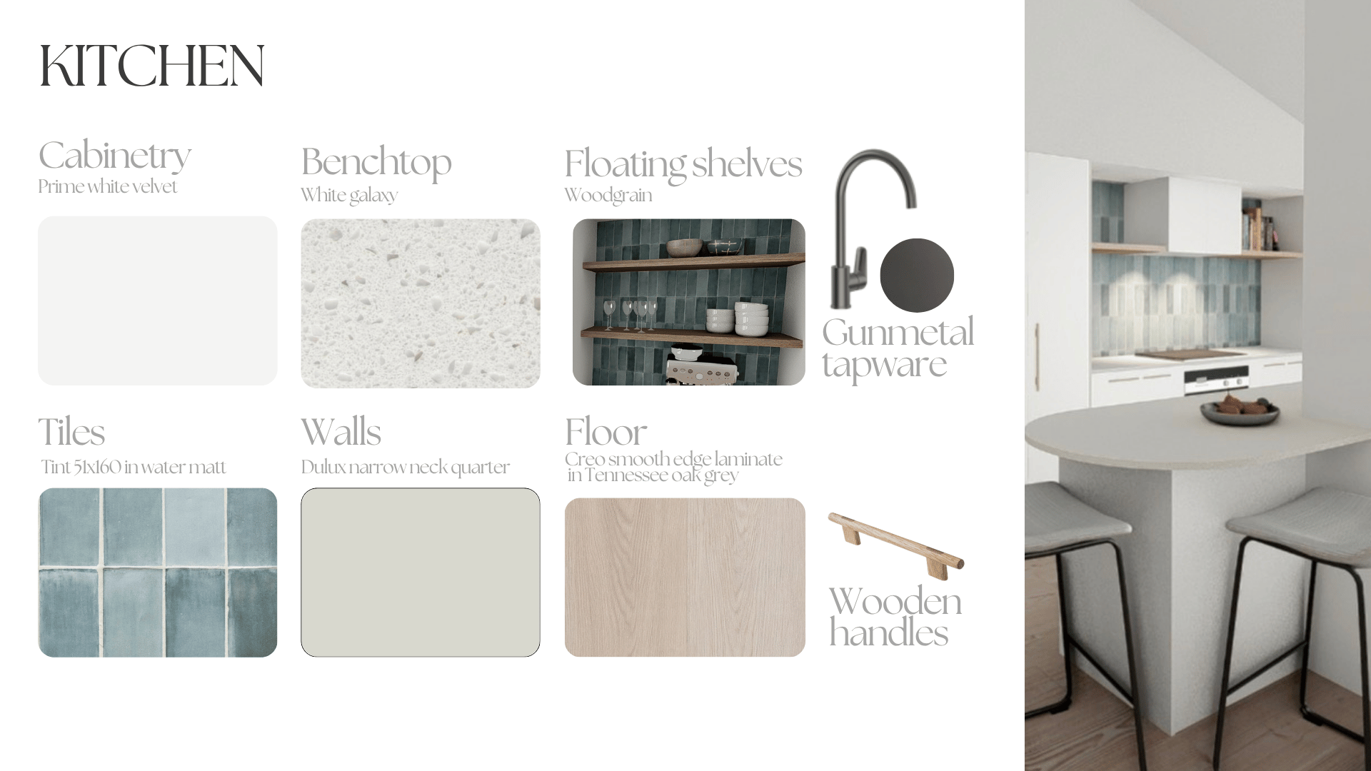 Design board for a kitchen featuring white velvet cabinetry, a white galaxy benchtop, woodgrain floating shelves, gunmetal tapware, water matte tiles, dulux narrow neck walls, Tennessee oak grey flooring, and wooden handles.