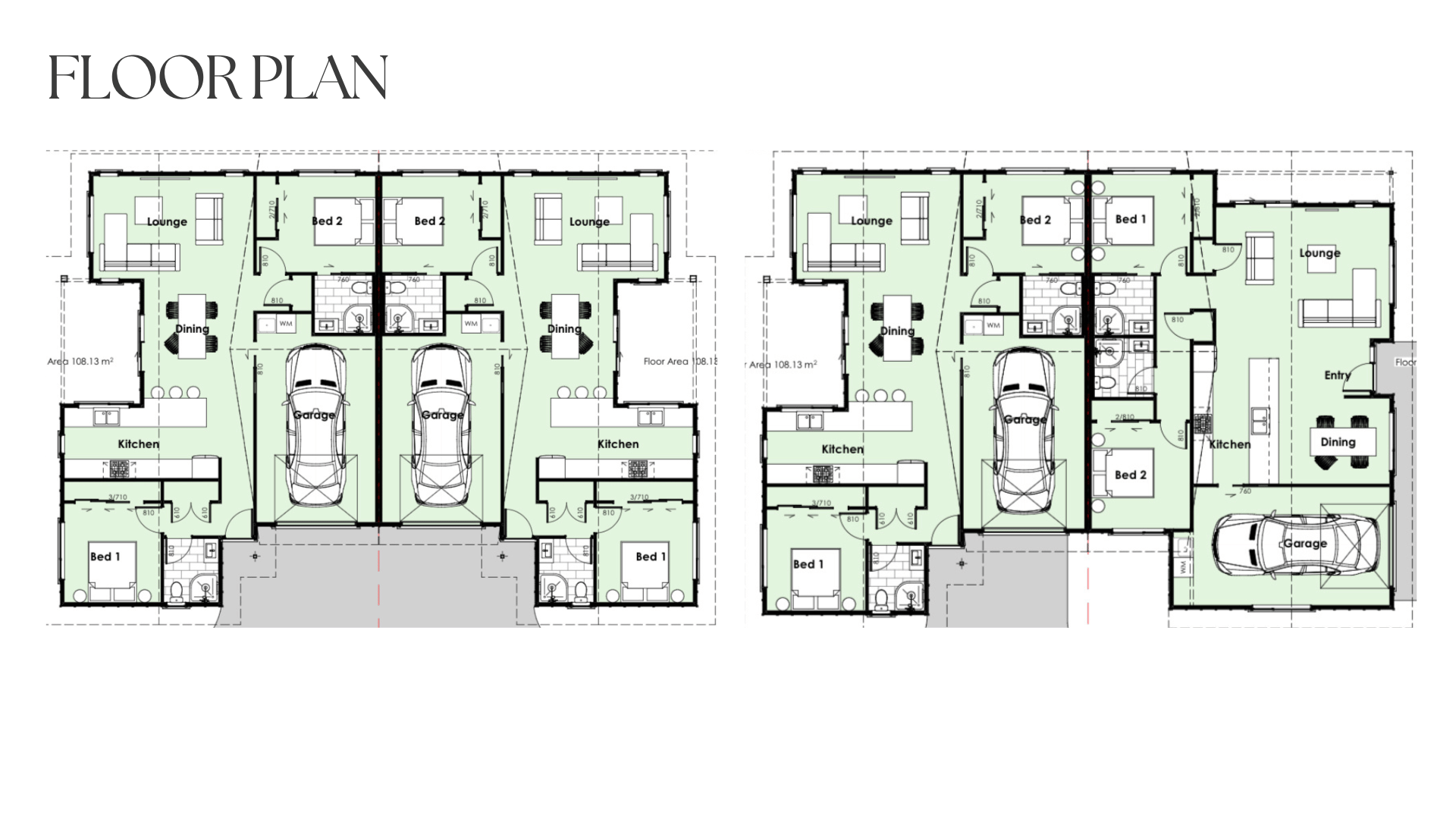 Architectural floor plan of two side-by-side duplex houses showing layouts of living rooms, kitchens, bedrooms, bathrooms, garages, and entry areas with labeled rooms and measurements.