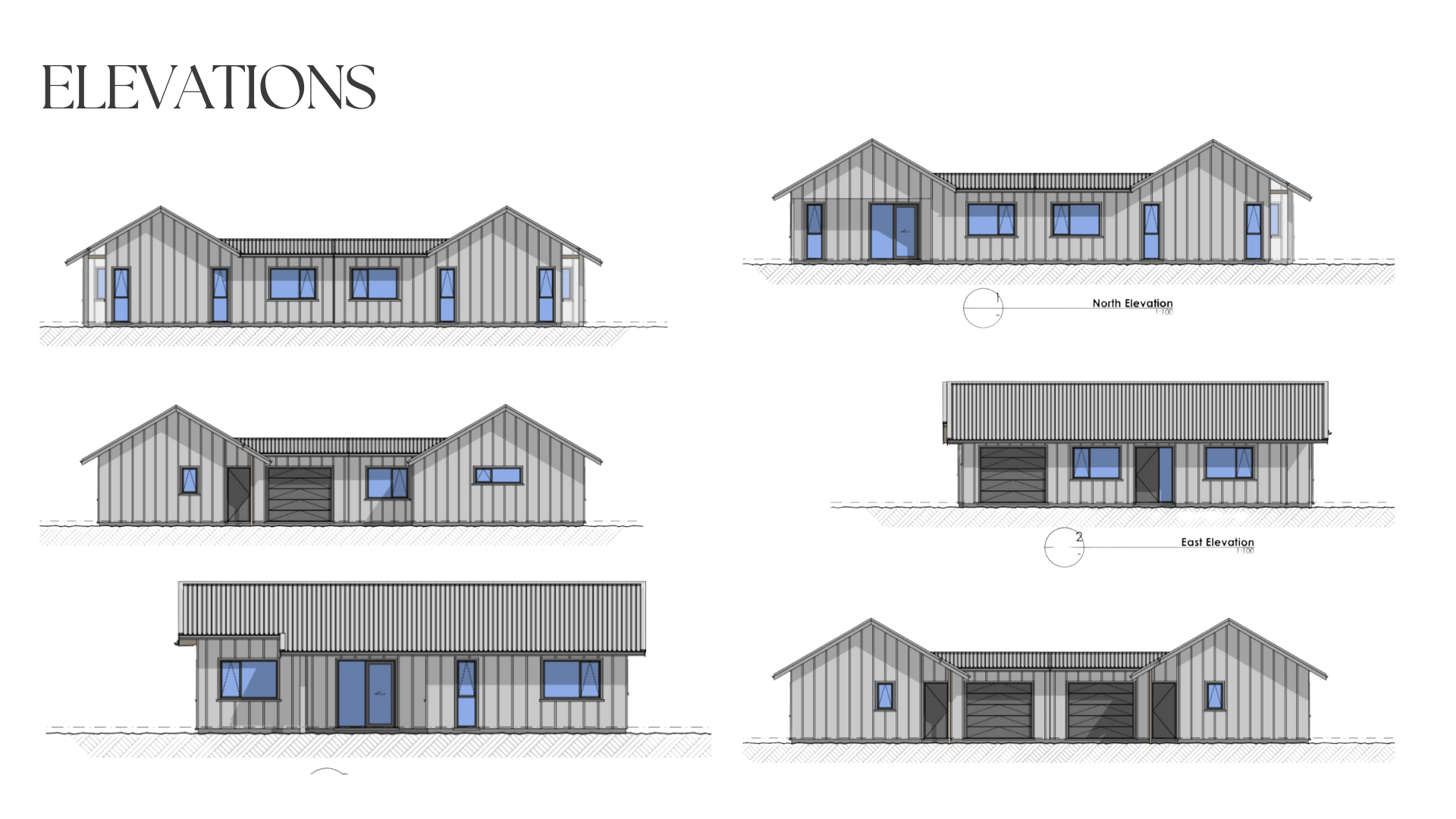 Architectural drawing of a modern house showing four elevations: north, east, south, and west, with gray exterior walls, multiple windows with blue glass, and a gabled metal roof.