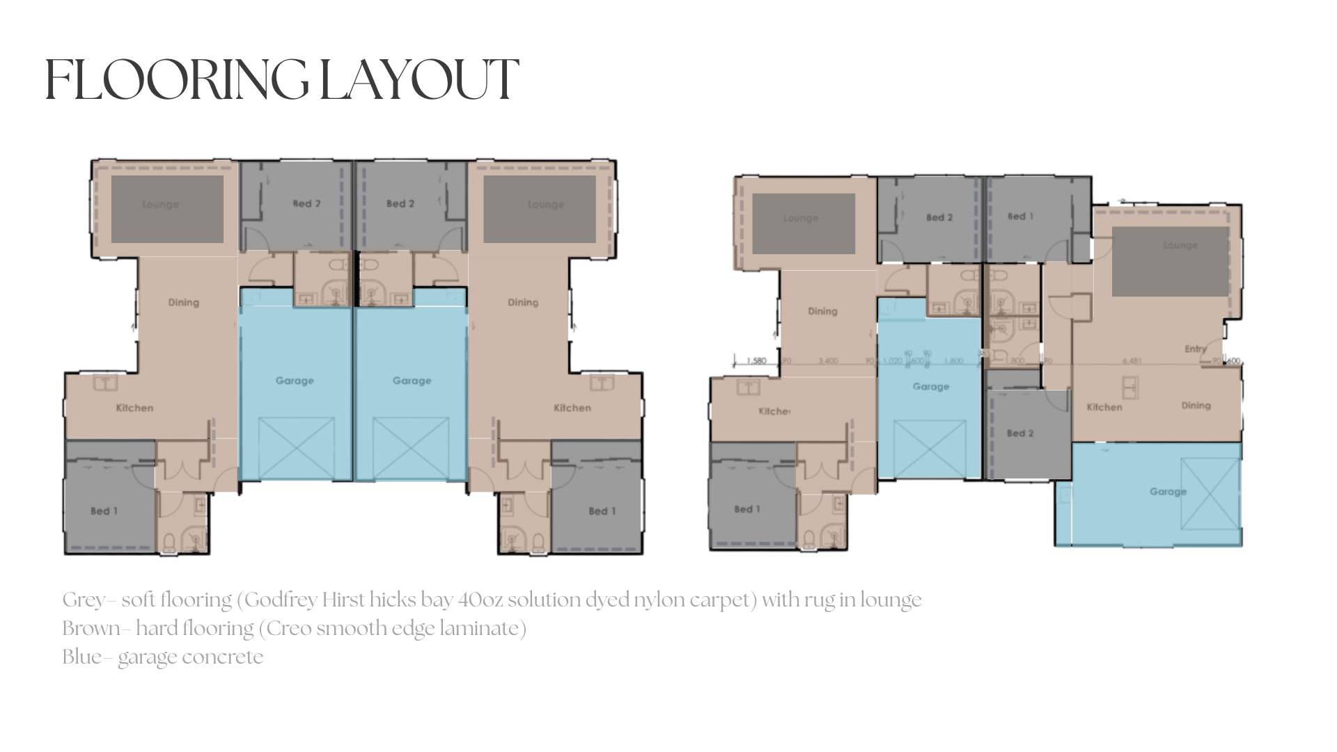 Floor plan of duplex homes showing different flooring types: grey soft flooring, brown hard flooring, and blue garage concrete. Includes labels for lounge, bedrooms, kitchen, dining, and garage.