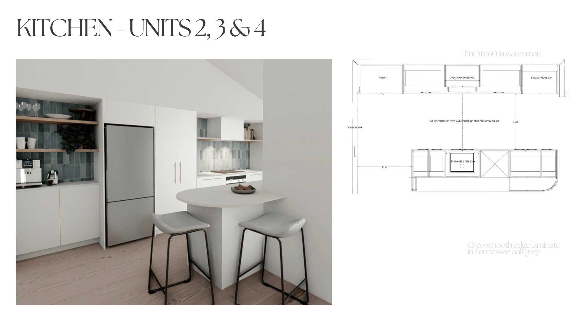 Image of a modern kitchen with white cabinetry, open wooden shelves, a refrigerator, and a small white island with two chairs placed beside it.