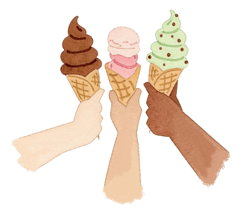 therapists eating disorder orange county three hands holding ice cream cones brown pink green with chocolate chips