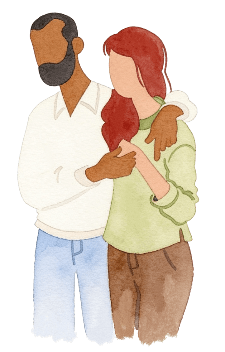therapy orange county illustration masculine partner with beard arm over feminine presenting person red hair