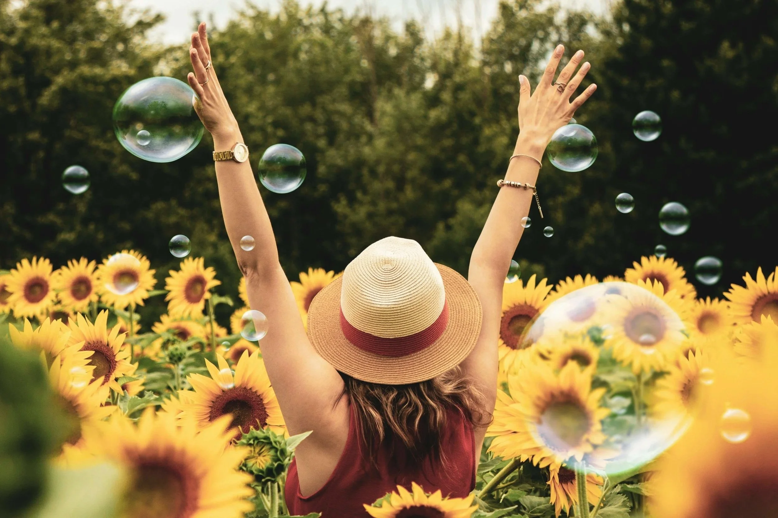 therapist online california sunflower field bubbles person with beige hat red trim back facing camera hands up