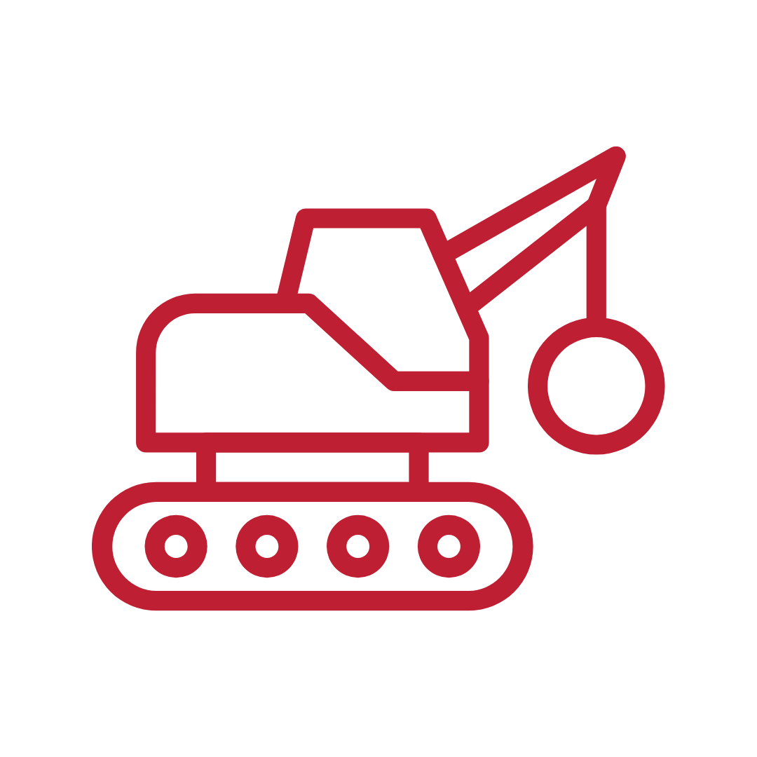 Line drawing of a demolision excavator in red on a black background.
