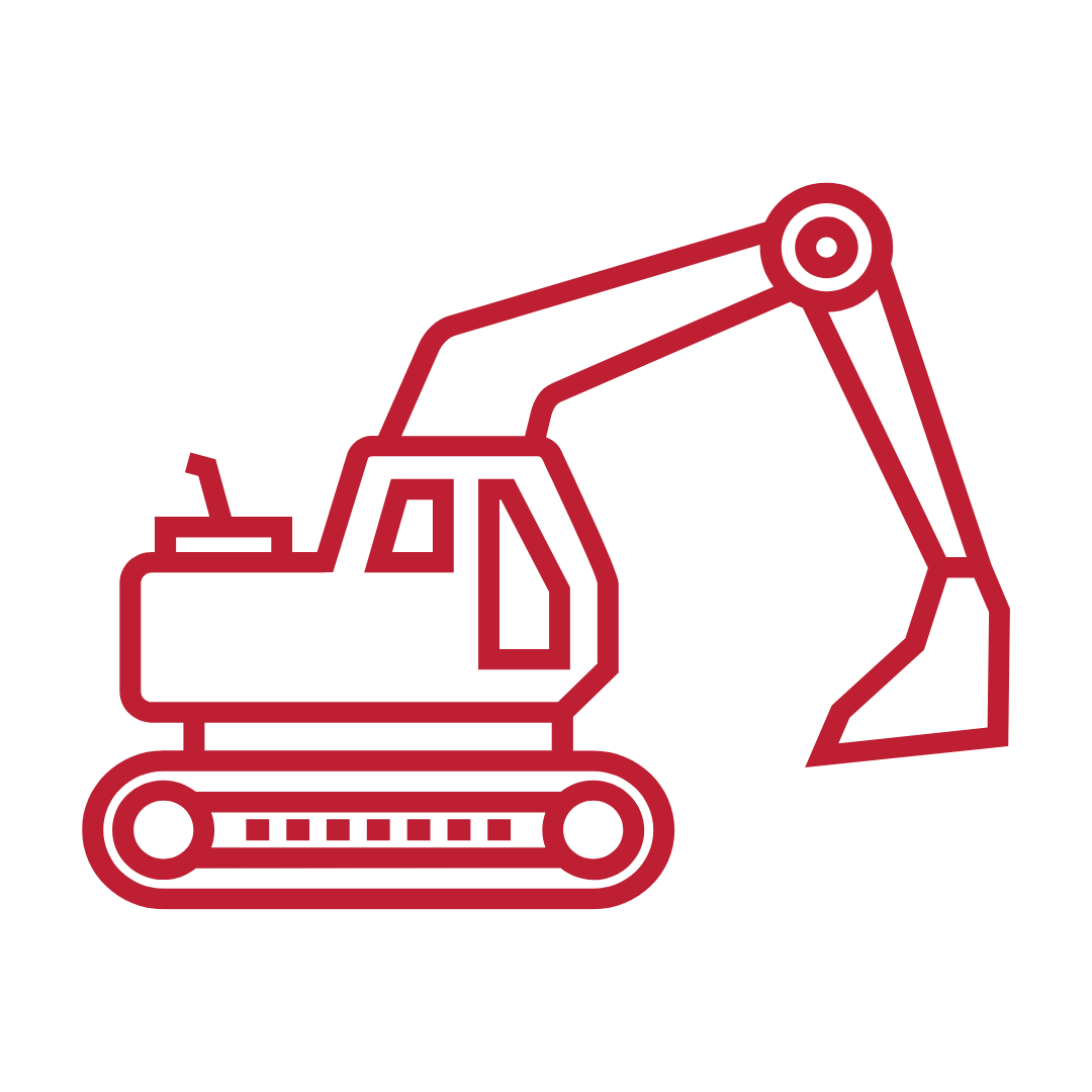Red outline drawing of an excavator or backhoe machine.