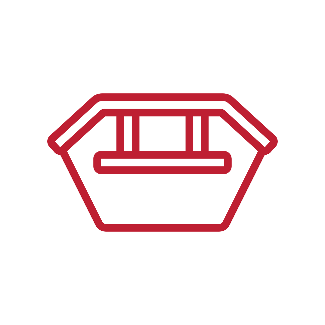 Minimalist red icon of a roller coaster inside a pentagon shape on a black background.