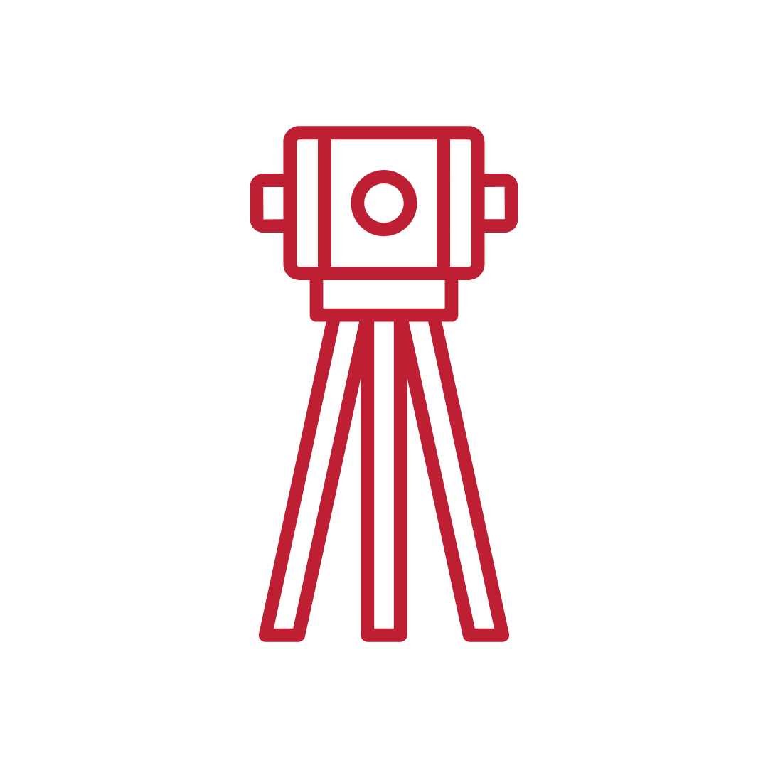 Red outline of a laser level tripod and transit instrument on a black background.