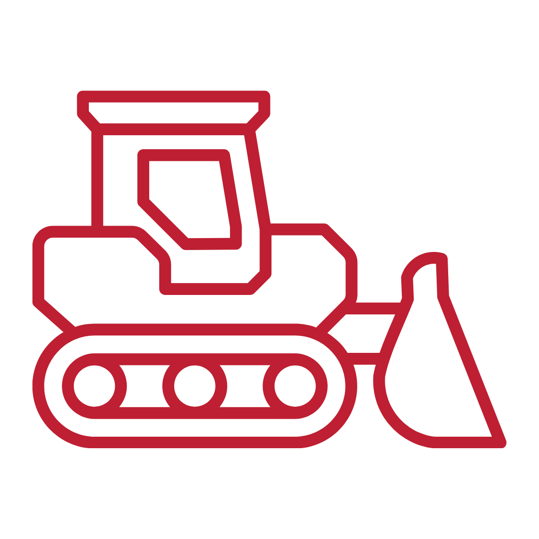 Outline drawing of a bulldozer in red color.