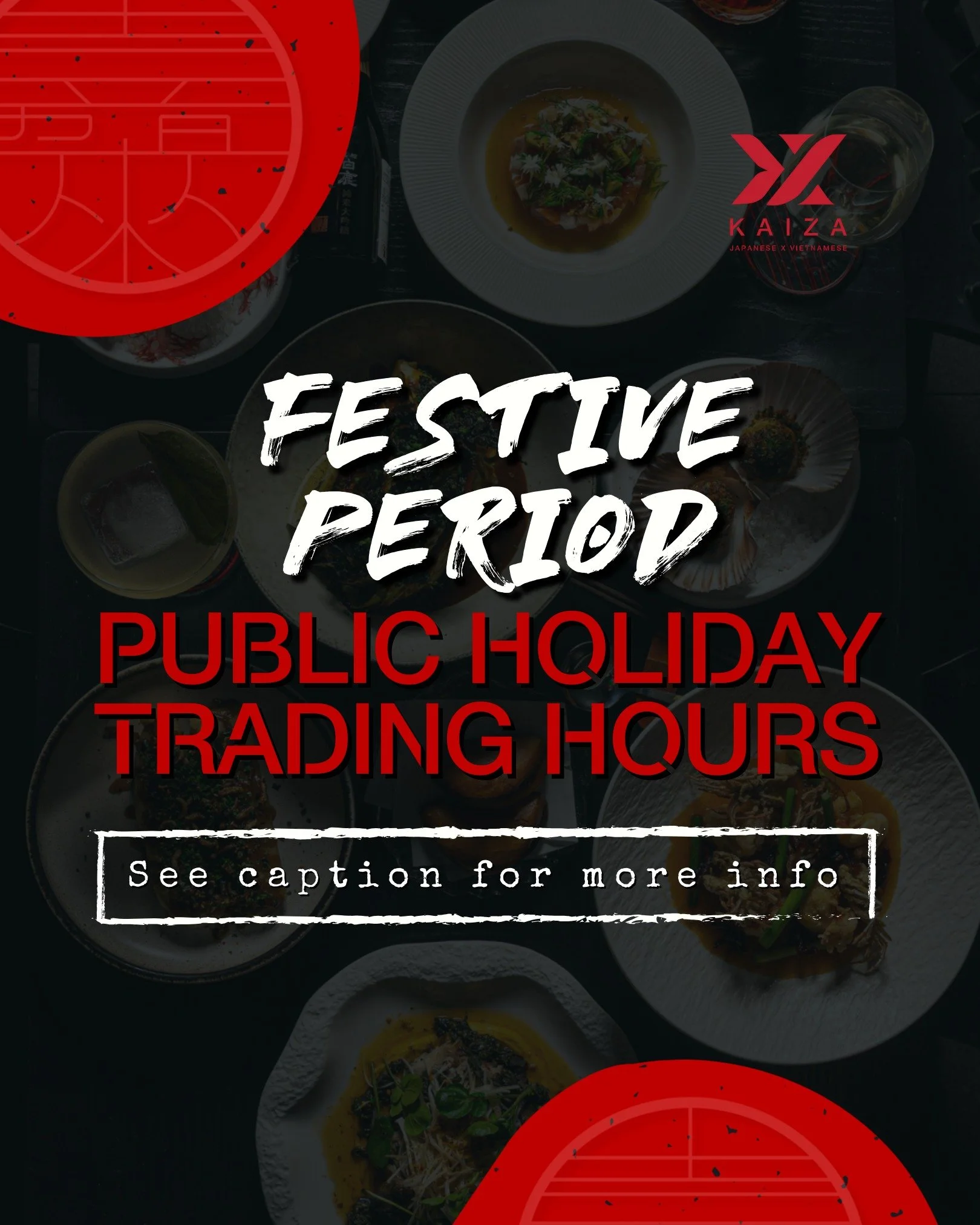 📣 FESTIVE PERIOD PUBLIC HOLIDAY TRADING HOURS 📣
 
🎆 22nd Dec &amp; 23rd Dec: 5PM&ndash;9PM
🎅 24th Dec, Christmas Eve: 5PM&ndash;8:30PM
🎄 25th Dec, Christmas Day: CLOSED
🎉 26th Dec, Boxing Day: 5PM&ndash;9PM
✨ 29th Dec &amp; 30th Dec: 5PM&ndash;