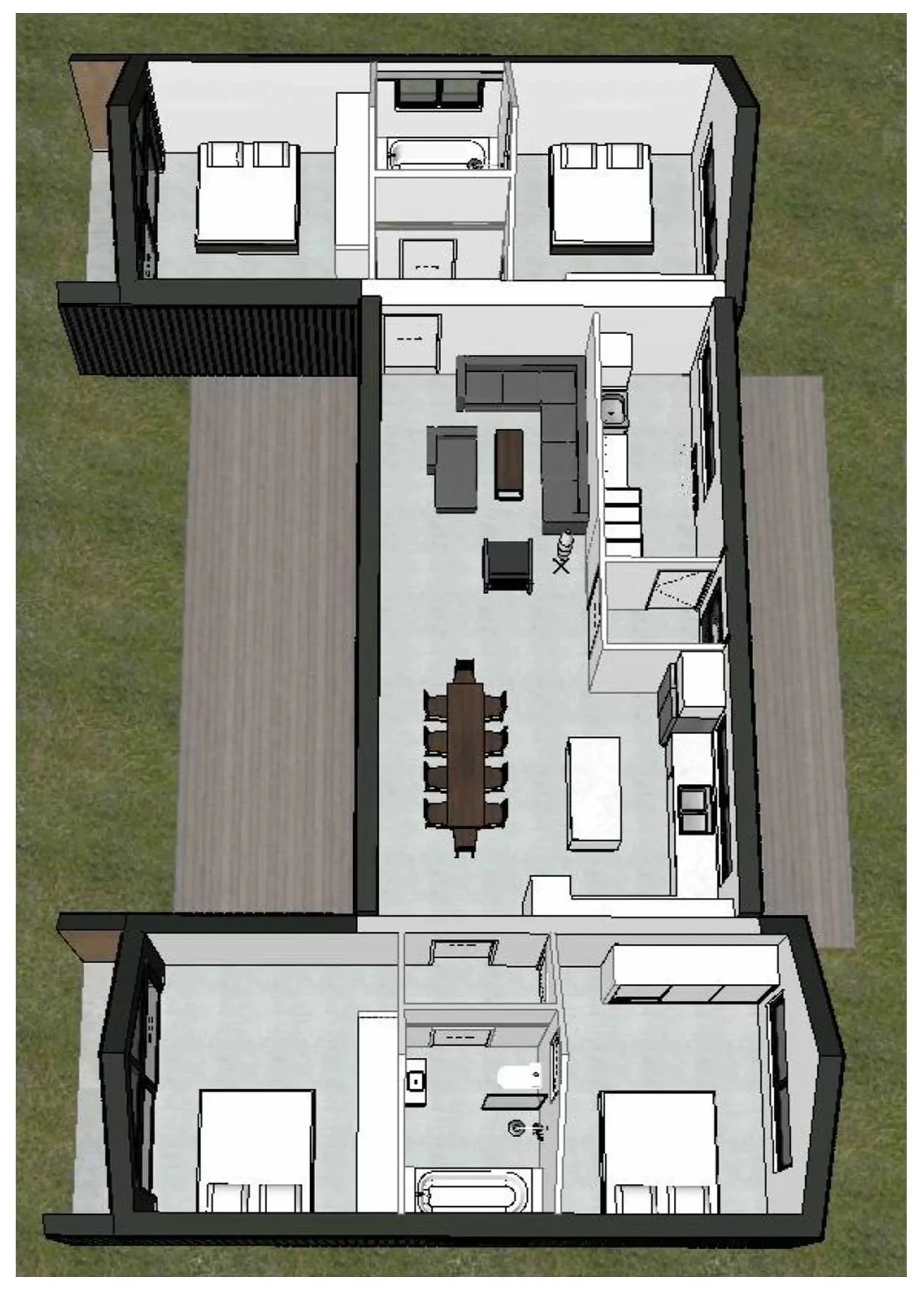 Floor plan layout of a house showing the arrangement of rooms, including bedrooms, bathrooms, kitchen, living room, and dining area.