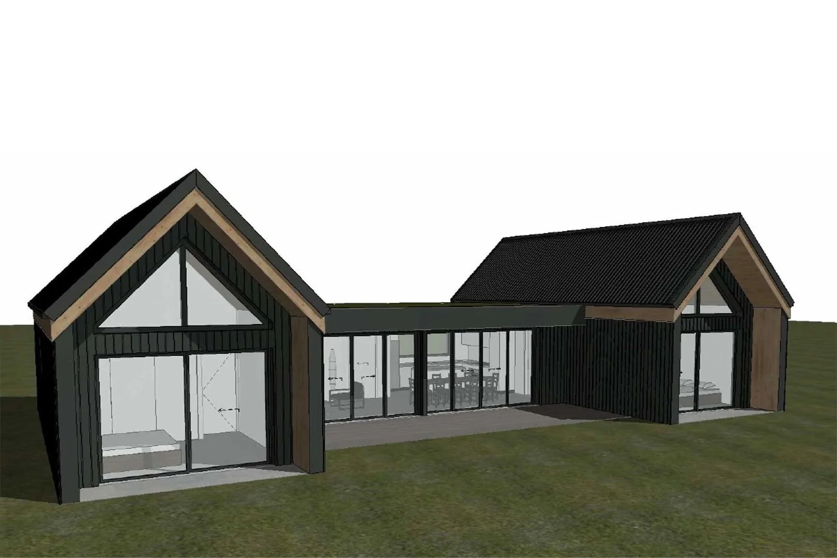 Digital rendering of a modern house with black vertical siding, large glass windows, and a gabled roof, situated on a grassy area.