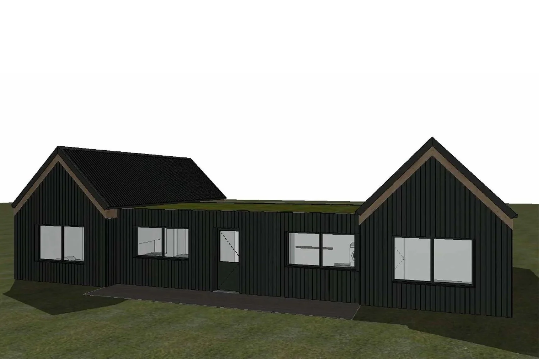 A digital rendering of a modern house with black vertical siding, multiple large windows, and a gabled roof, set on a grassy landscape.