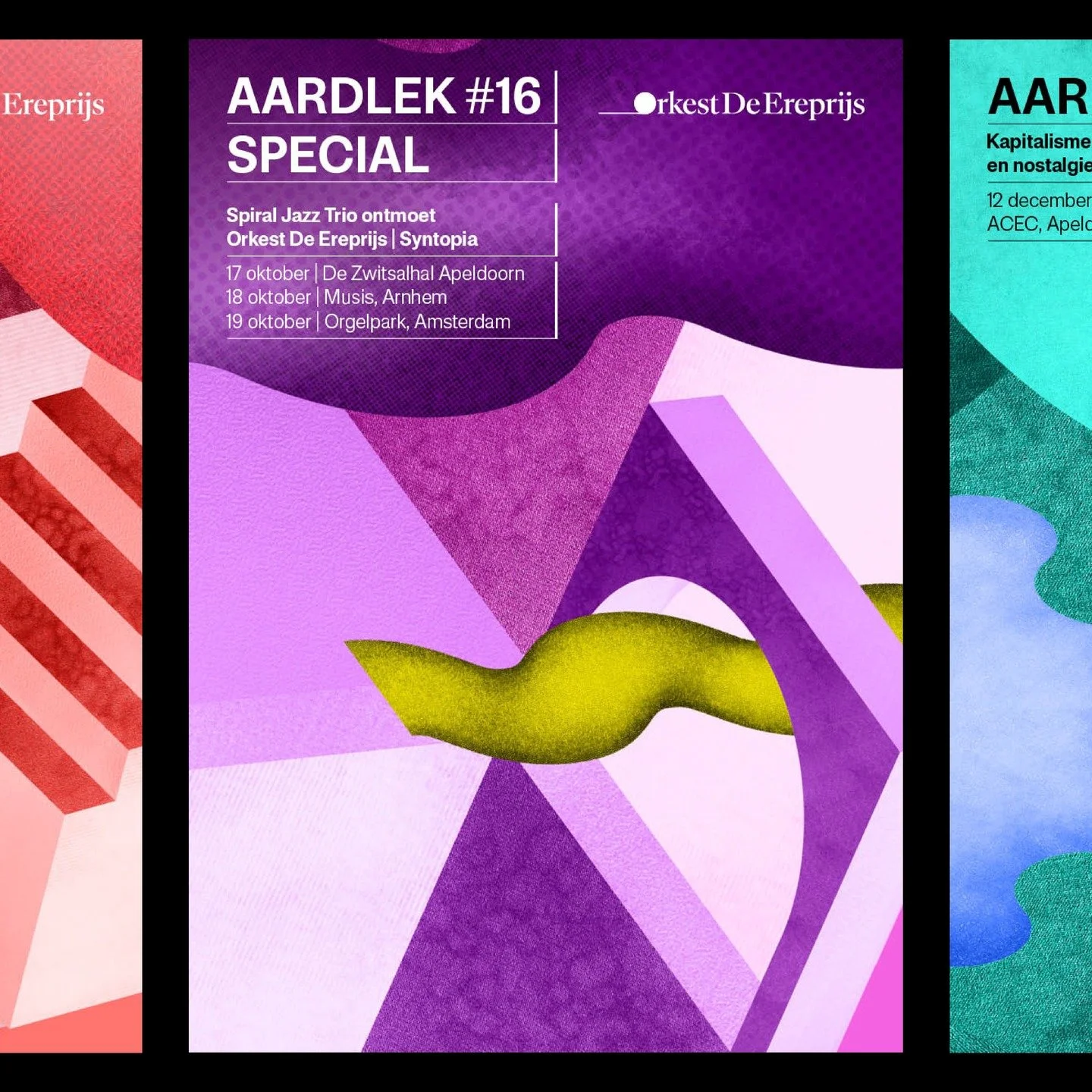 The Poster Series: From structure to expression.
The Aardlek editions translate the concept into color and emotion.
Edition #15 &mdash; reflective and nostalgic
Edition #16 &mdash; rhythmic and energetic
Edition #17 &mdash; calm yet quietly tense
Eac
