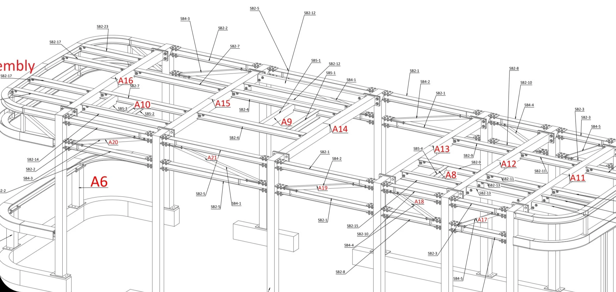 A detailed technical schematic of a structural framework, showing multiple labeled components and connections in black and white with red labels such as A6, A8, A9, A10, A11, A12, A13, A14, A15, A16, A17, A18, A19, A20, A21.