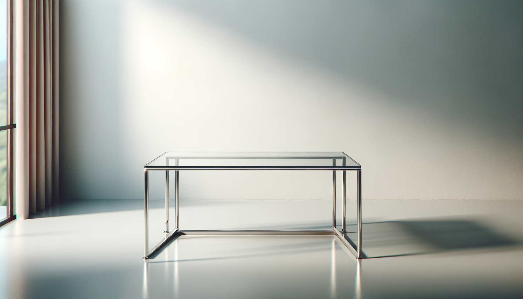 Empty glass table in a bright room with natural light, beige wall, and a window with curtains on the left.