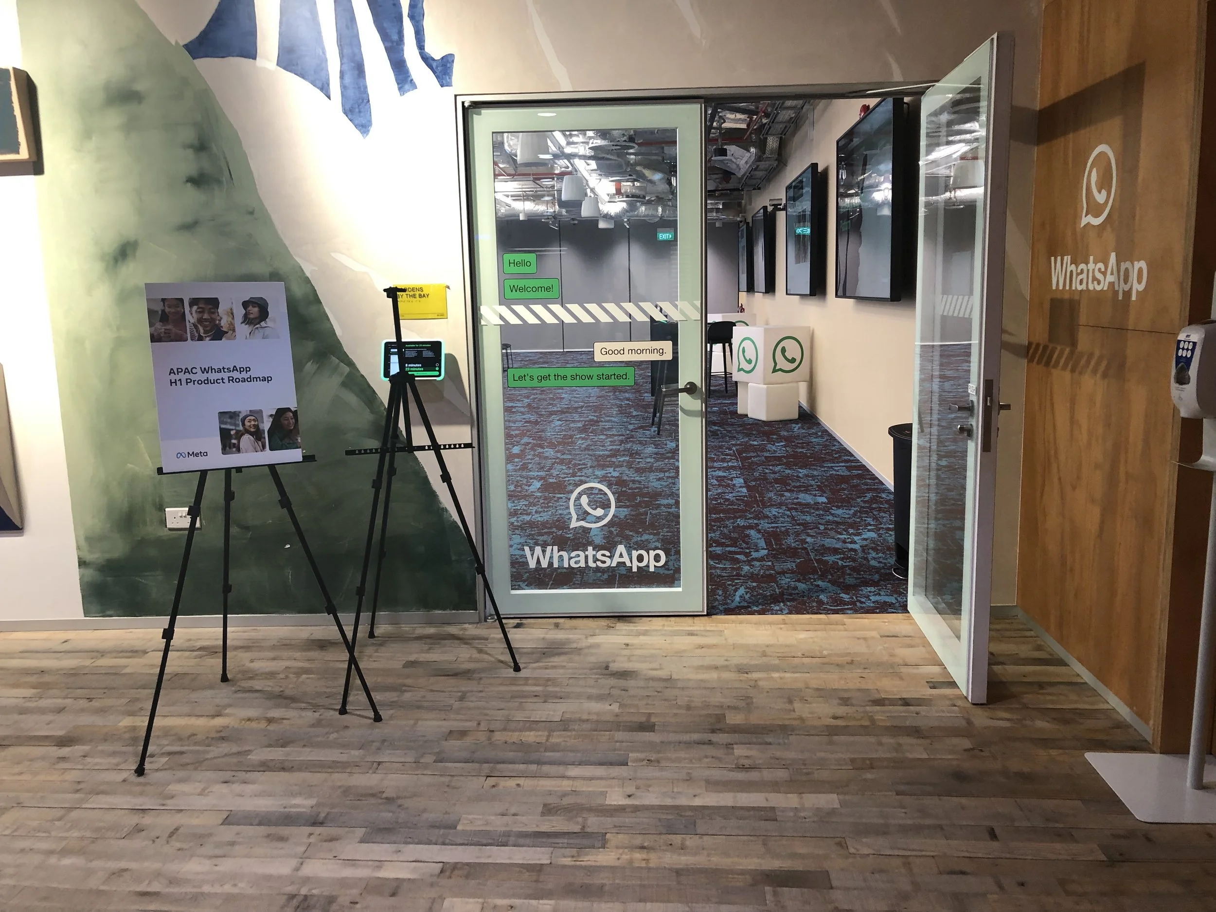 Branding placed intentionally around the Meta HQ event space.