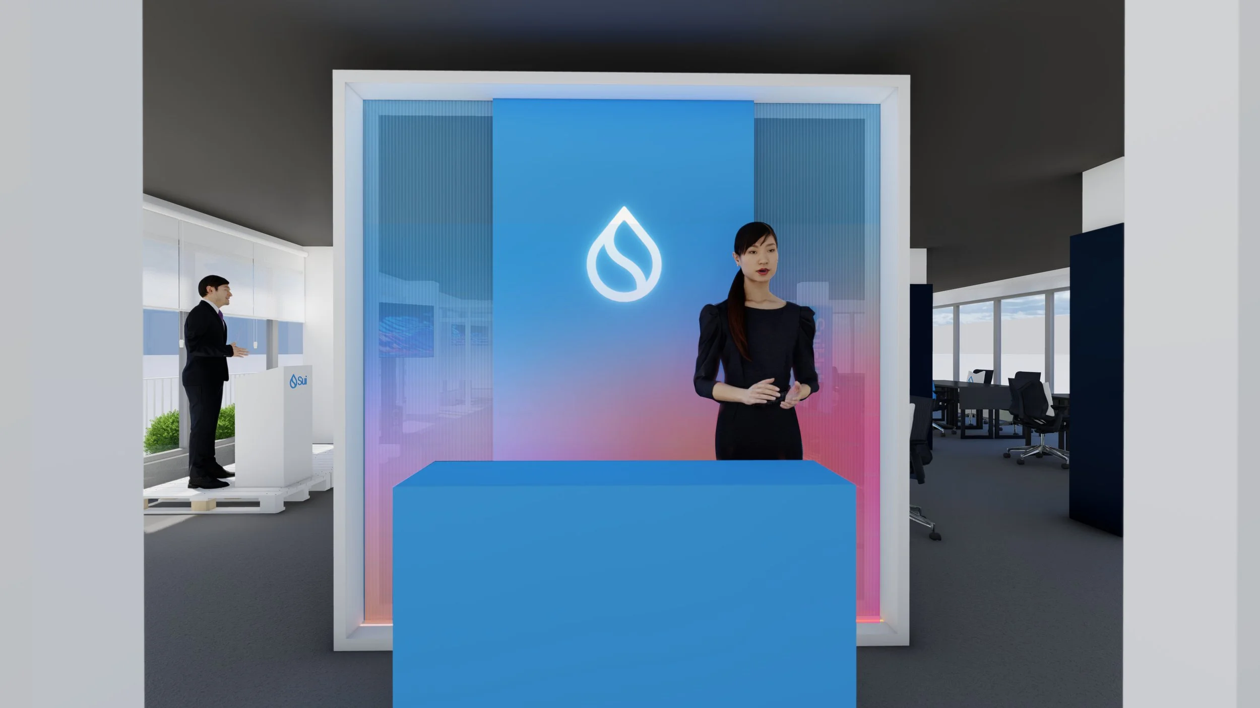 Reception desk and backdrop (3D render)