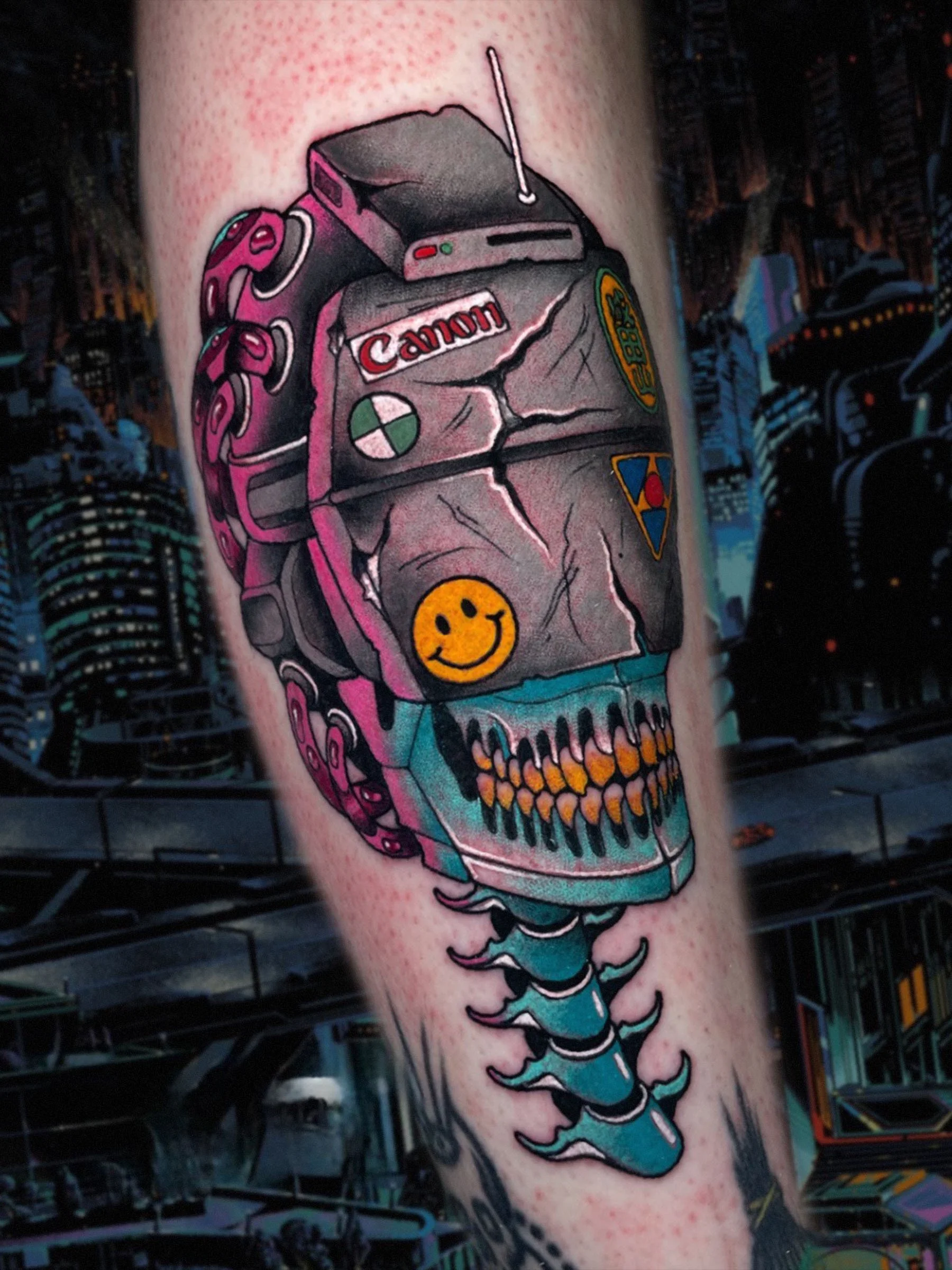 Cyberpunk skull wearing VR headset neo traditional tattoo by Shane Klos in Evansville, Indiana