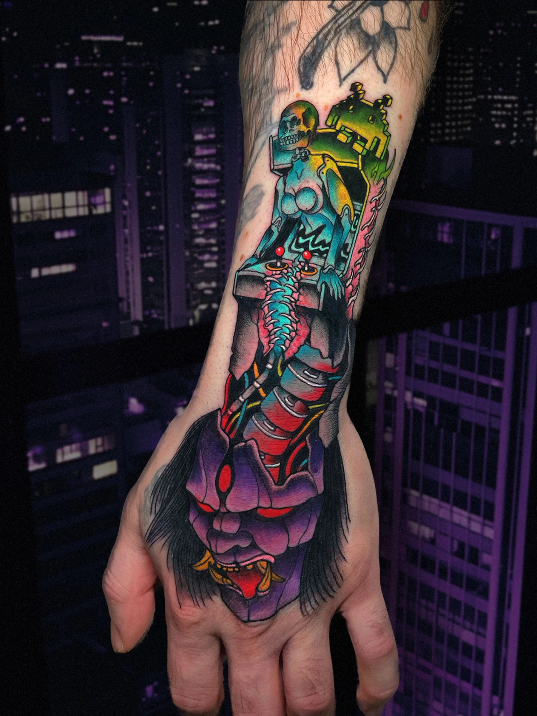 Cyberpunk oni demon hand tattoo with neon colors, tattooed by Shane Klos in Evansville, Indiana.